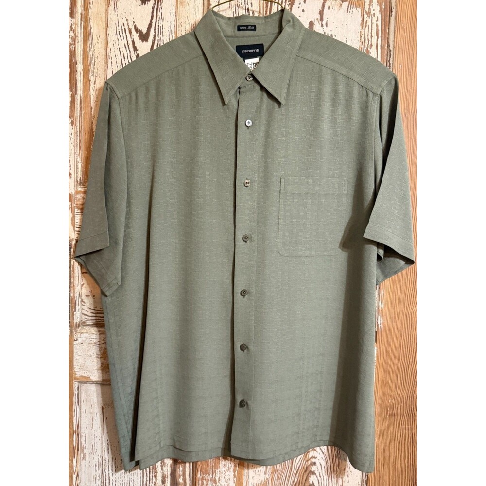 Men's Claiborne 100% Silk Short Sleeve Button Up Shirt - Green - Size Large